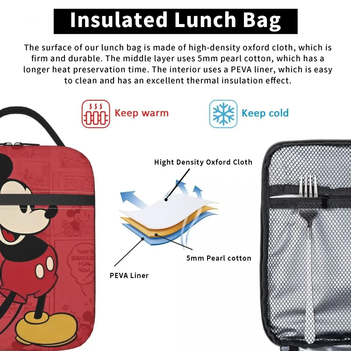 Mickey Mouse GRATITUD Insulated Lunch Bags High Capacity Lunch Container Thermal Bag Tote Lunch Box School Picnic Men Women