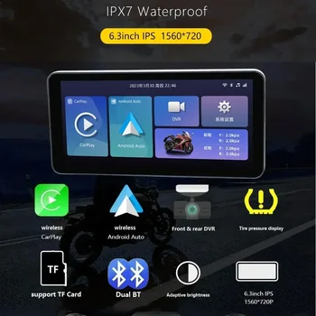 6.3'' Linux Motor Motorcycle GPS Wireless Carplay Touch Screen IPX7 Waterproof Wired BT Android Auto Monitor DVR TPMS