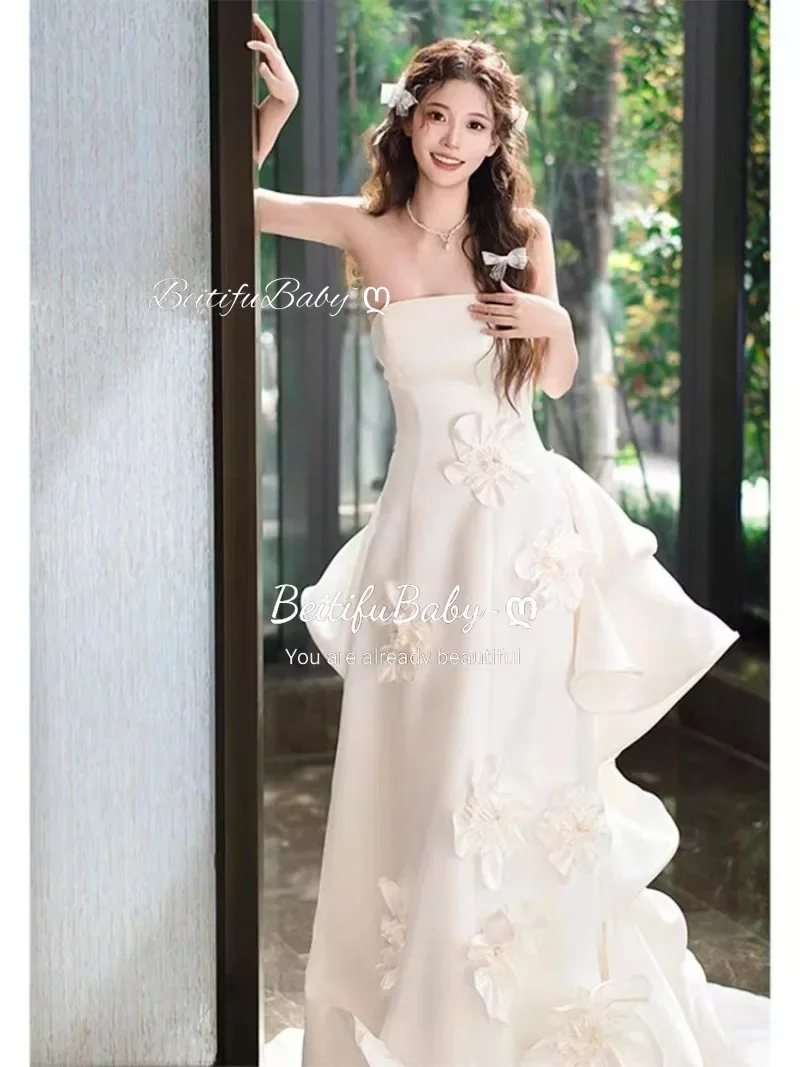 BeitifuBaby Fashion Stain Bridal Dresses 2024 Elegant 3D Flower Strapless A-line Wedding White Dress for Women Vestido De Noiva