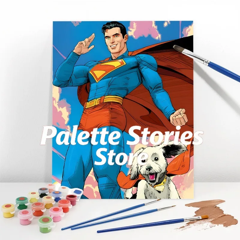 Kit de Pintura Digital Profesional sin Marco para Uso Artístico (Superman Krypto) 2D, Kit de Pintura Digital para Adultos, Héroe y Superperro Volando en el Cielo con Nubes Rosas