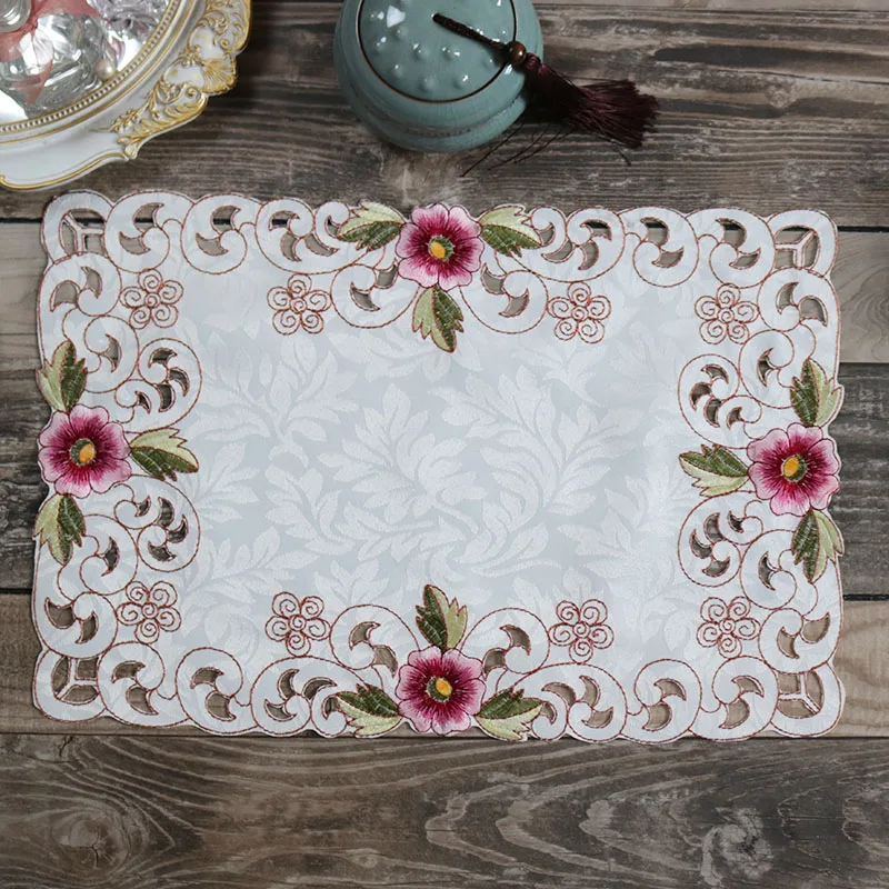 

Europe satin flower embroidery table place mat cloth Wedding Christmas dining placemat kitchen Table decoration and accessories