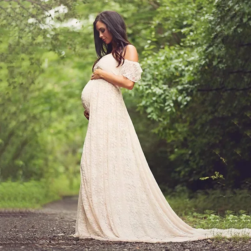 Lace Maternity Dresses For Photo Shoot Pregnant Women Baby Shower Dress Sweep Train Maxi Gown Pregnancy Dress Photography Props