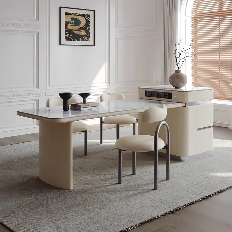 طاولة طعام جزيرة بلاطة الصخور الفاخرة الخفيفة، المطبخ المنزلي المتكامل، انهيار تخزين قابل للسحب بالرياح الكريمية #3