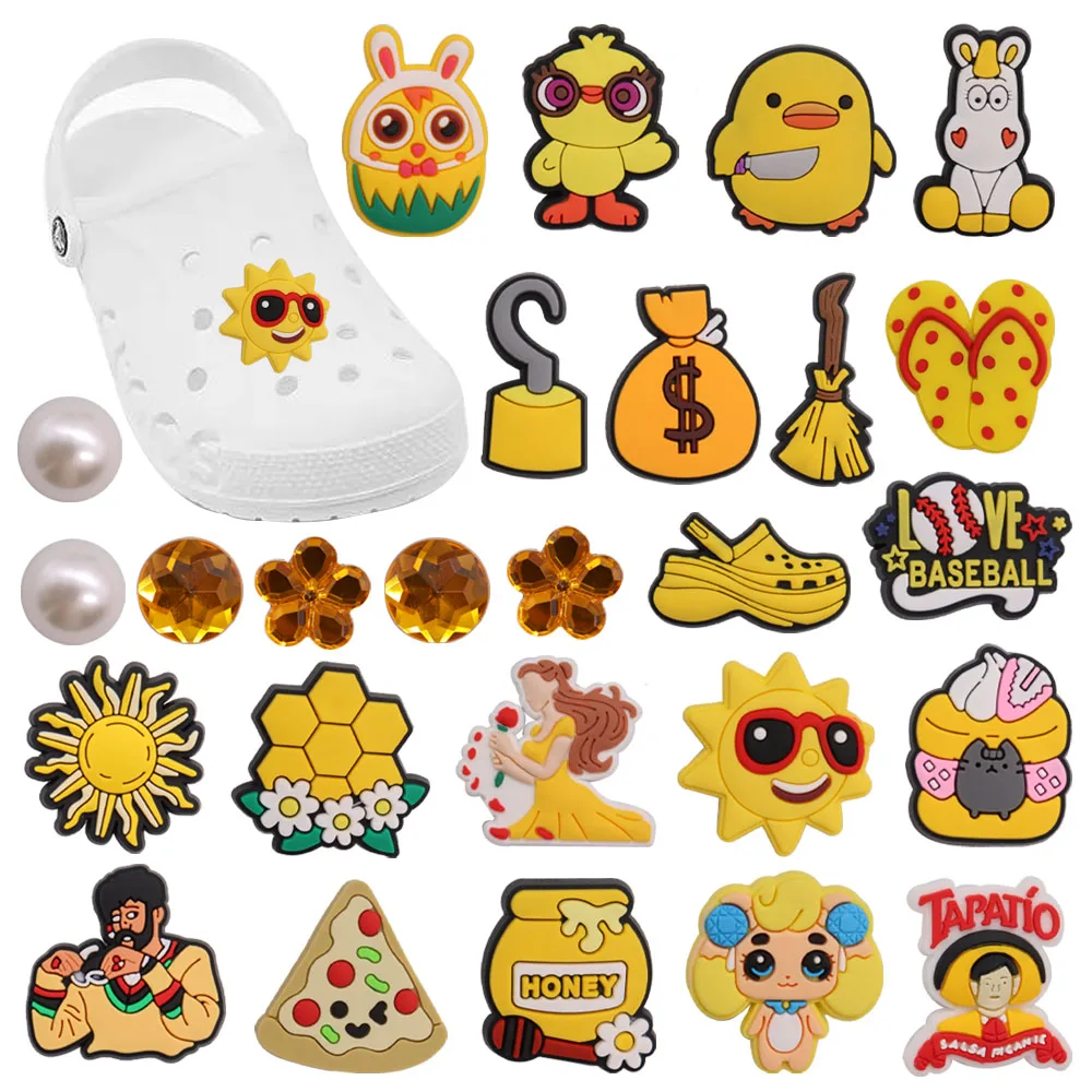 1-26Pcs Honey Pizza Sun Cartoon PVC Shoe Charms Yellow Series Buckle Clog Children Sandals Decoration Fit  