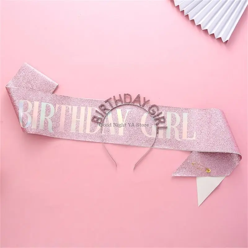 반짝이는 왕관 생일 여아 머리띠와 띠 세트 BIRTHDAY GIRL 라인스톤