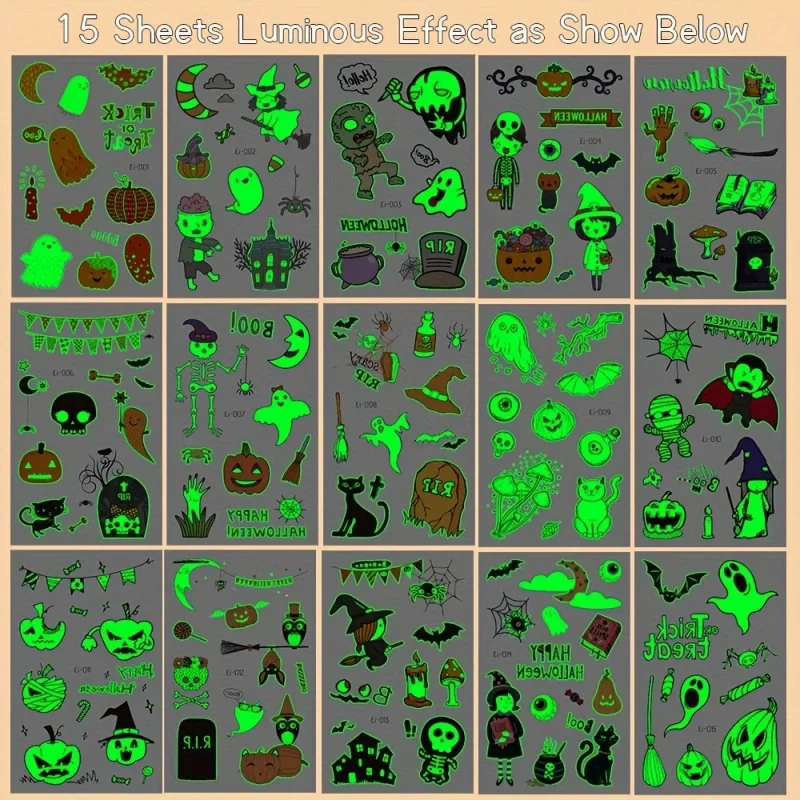 15pcs Glow in the Dark Halloween Party Supplies, Halloween Temporary Tattoos, Pumpkin. Birthday Party Decorations, Halloween Gif