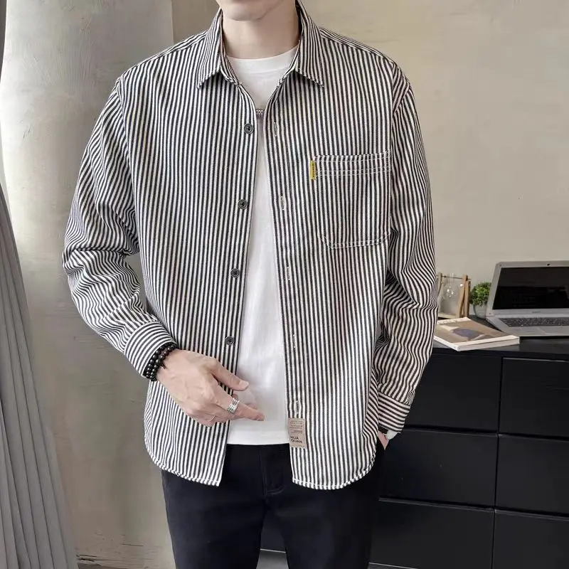 Shirt Male Vertical Stripes Korean Style Spring New Casual Overshirt Fashion Lapel Long Sleeve Loose Large Size Men's Top 2024