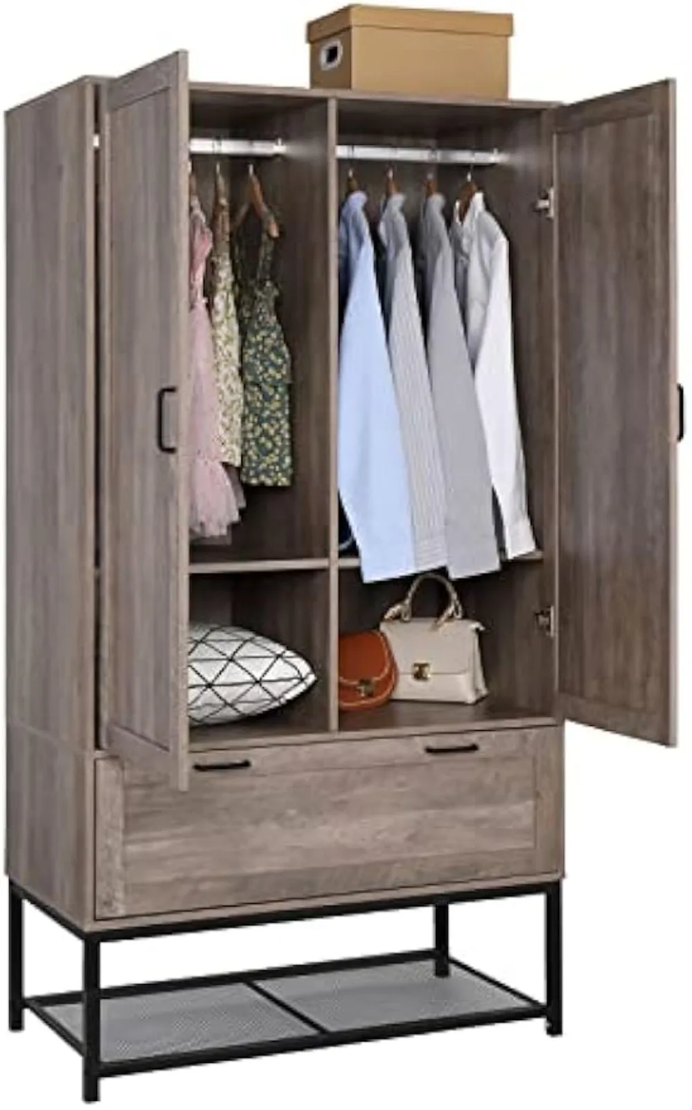 Armoire Wardrobe Closet Freestanding Clothing Armoire Wooden Retro Grey Clothes Cabinet with Hanging Rods, Adjustable Shelves