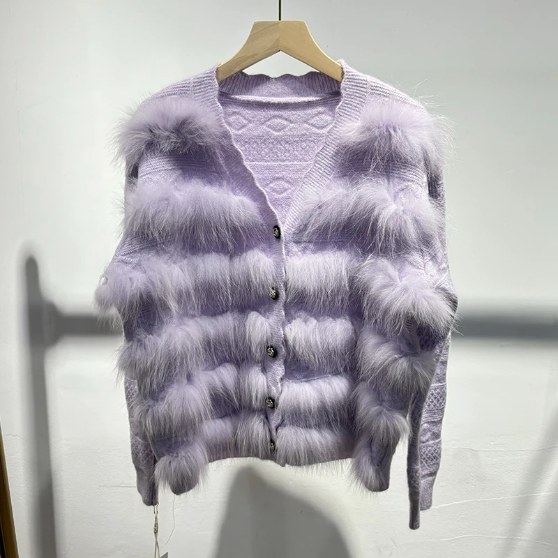 2025 가을 여성 블루 리얼 폭스 퍼 스웨터 화이트 리얼 퍼 신상 디자인 니트 자켓