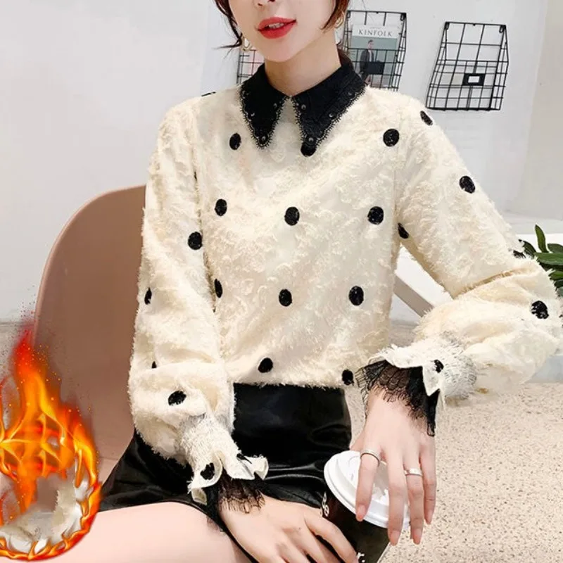 Korean Fashion Polo-Neck Polka Dot Blouse Women's Clothing Autumn Winter Thick All-match Commute Long Sleeve Pullovers Tops