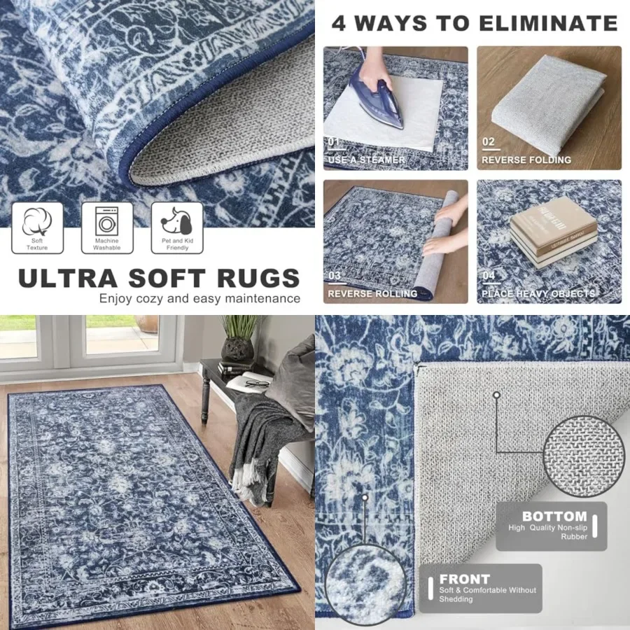 

Area Rug 3x5 Washable Entryway Rug Printed Vintage Floral Rubber Backed Non Slip Indoor Blue Kitchen Rugs for Living Room Laund