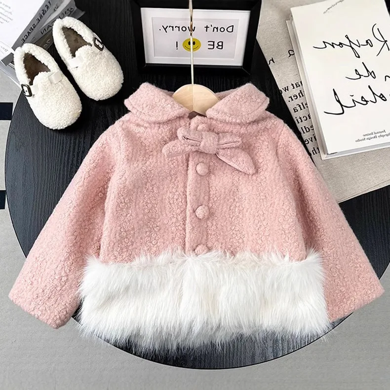 

Children Girl Autumn Winter Cotton Padded Overcoat Spliced Fluffy Bowknot Kid Girl Outerwear Elegant Thicken Warm 1-8Y Girl Coat
