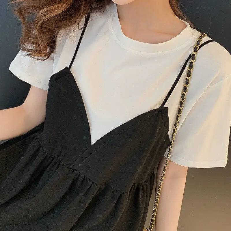 Fake Two Piece Dress Summer Short Sleeve Loose All-match Contrast Patchwork Casual T Shirt Dress Vintage Fashion Women Clothing