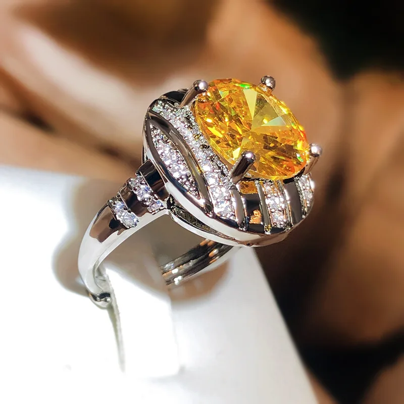 Fashionable  925 Silver Four-prong Yellow Sapphire Full Diamond Ring for Women with Open Adjustment Valentine's Day Gift Jewelry