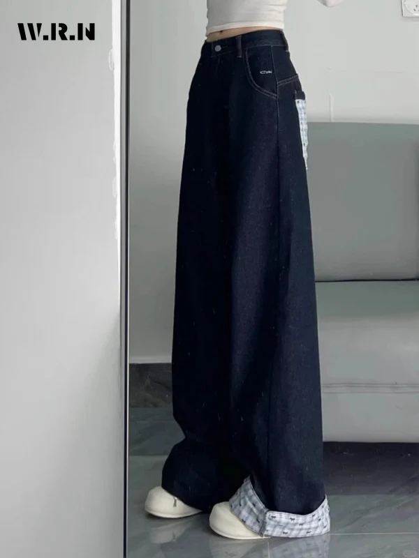 2025 Summer Sweet Vintage Style Jeans Women's Casual Plaid Print Mop Full Length Pants Y2K Harajuku Street Baggy Denim Trouser