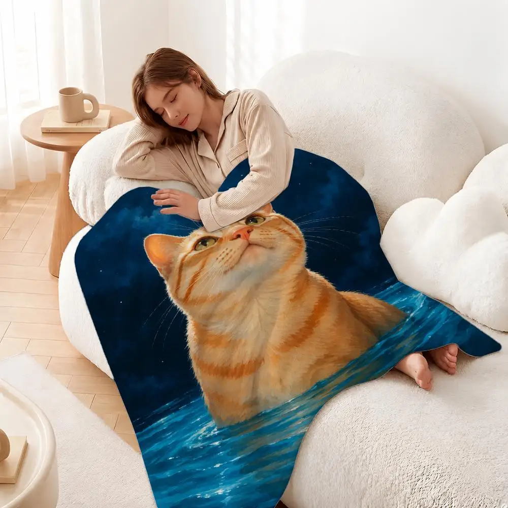 Character Cute Cuddly Orange Cat Express Throw Plush Flannel Throw Blanket, Sofa Bed Travel Picnic Home Textile Decor