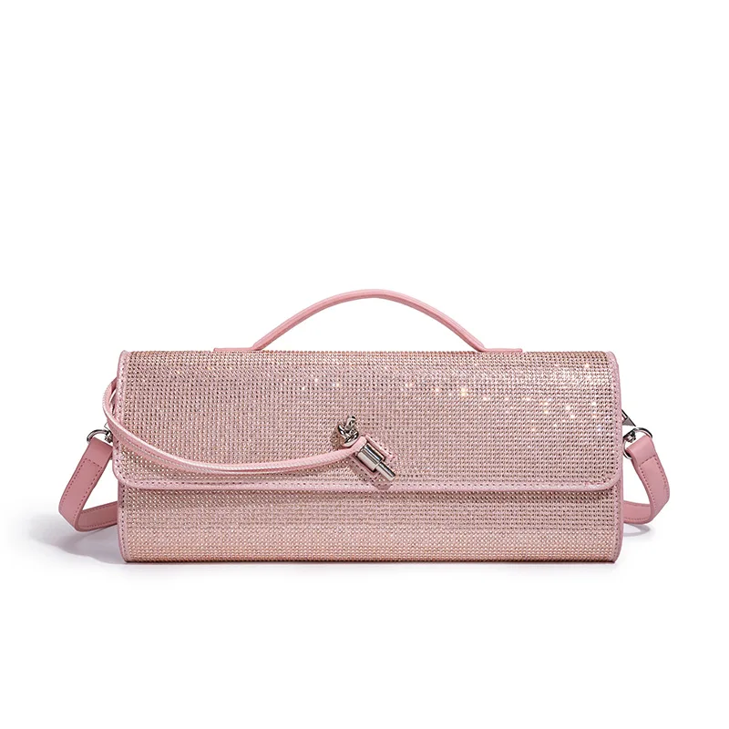 Glitter Crystal Rhinestone Rectangular Handbag Women Top Handle Evening Clutch with Detachable Crossbody Strap