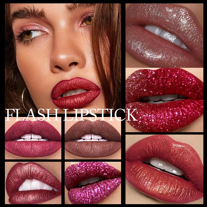 Juego de lápiz labial brillante de diamante, lápiz labial metálico con brillo altamente pigmentado, brillo de labios, maquillaje de labios, cosméticos, maquillaje Sexy