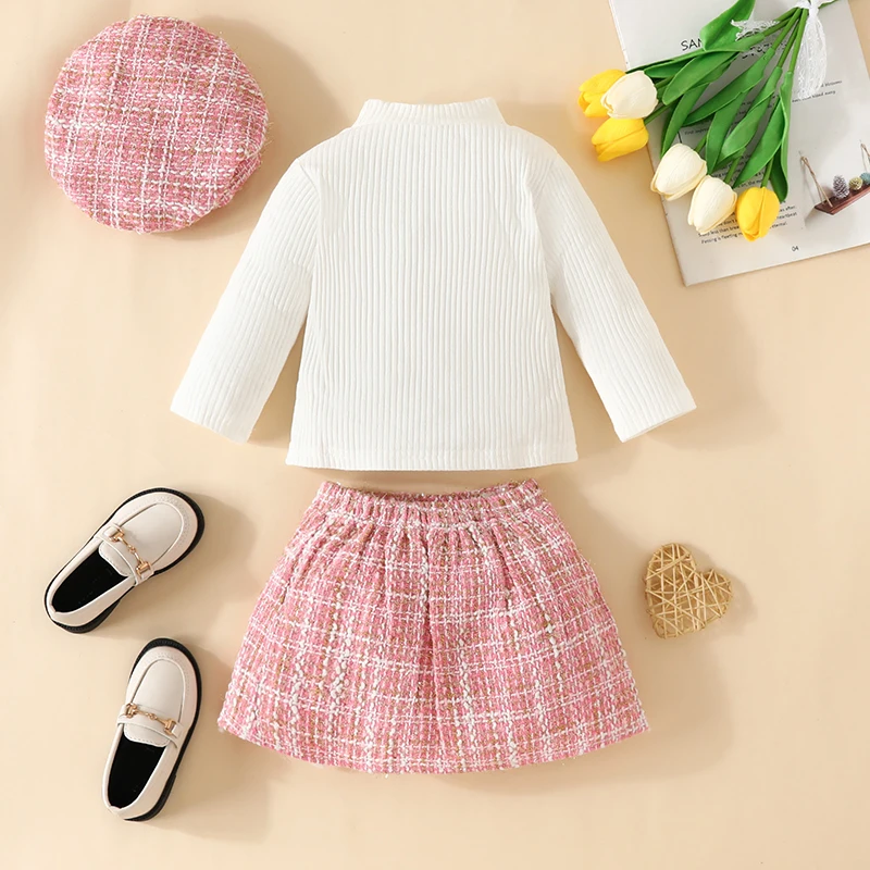 3Pcs Outfits Fashion Baby Girl Clothes Turtleneck Tee Long Sleeve Tops Plaid Skirts with Hat Infant Toddler Girl 6Months-3Years