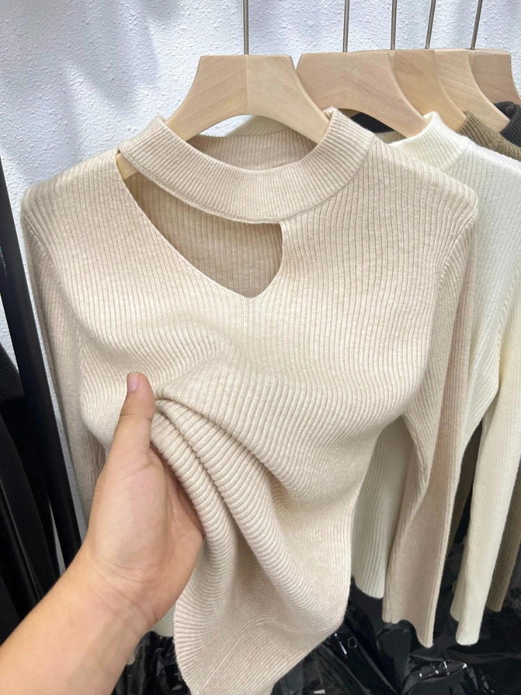 2026 Autumn Winter New Hollow‑Out Knit Women Pullover Mock‑Neck Slim Ribbed Sweater Stylish Versatile Layering Knit Base Tops