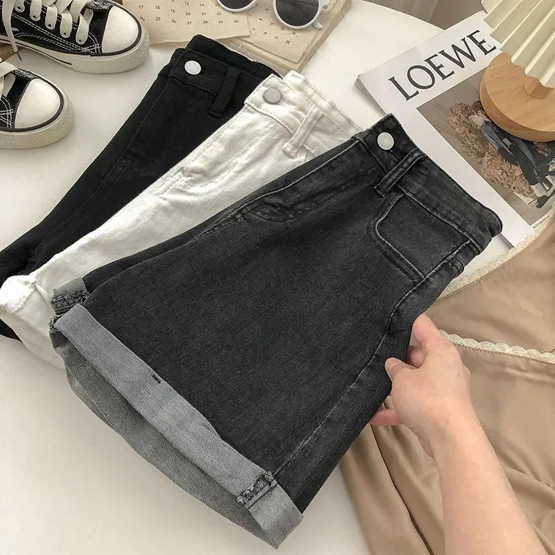 New Summer Women Wide Leg Classic High Waist Black Denim Shorts Casual Female Solid Color White Blue Loose Jeans Shorts