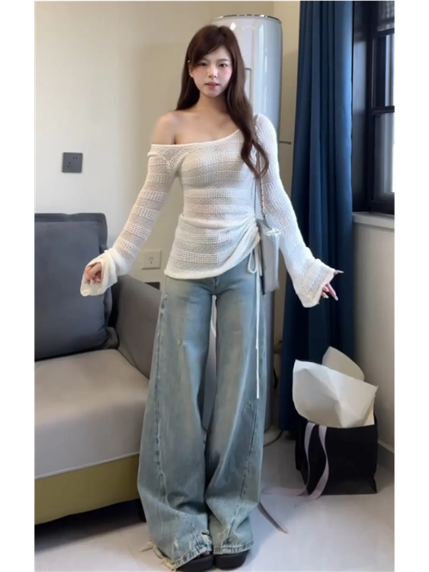 

American Retro Blue Bell Bottom mid Low Waist Jeans Women's Loose Drapey Design Wide Leg Floor Length Pants Casual Style