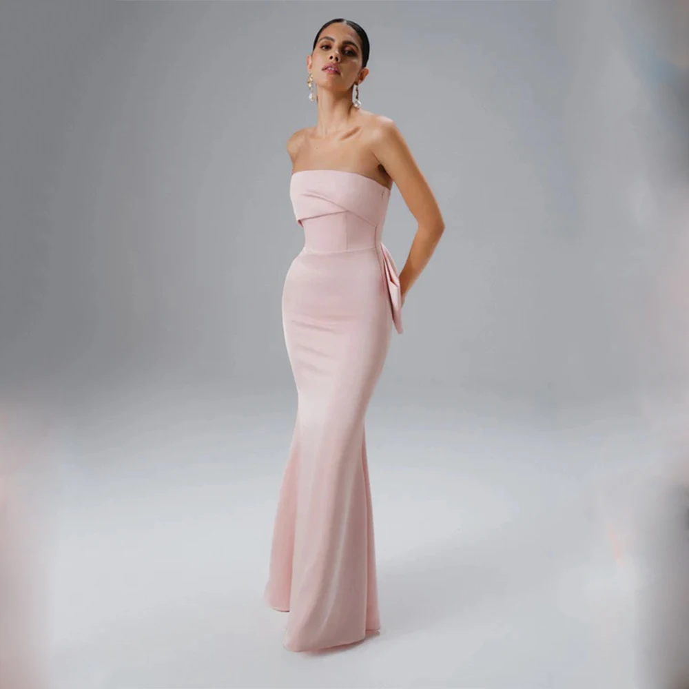 

Customized Casual Jersey Pleat Bow Straight Strapless Long Dresses Bespoke Occasion Dresses Simple Modern Style Sizes Available