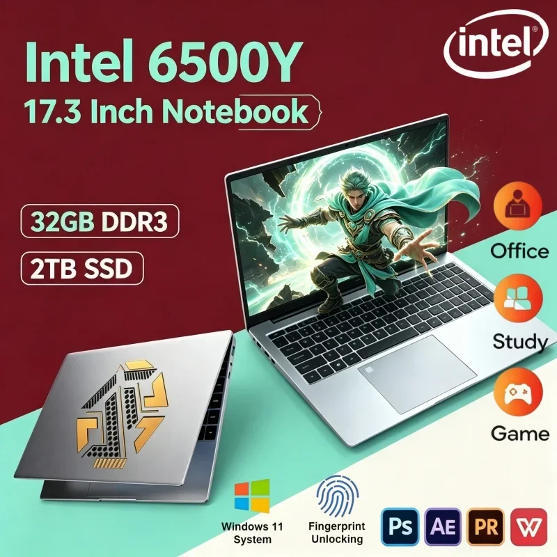 2026 Trendy Premium 17.3 Inch Notebook Intel 6500Y 16GB/32GB 2TB SSD Win11 Gaming Office Laptop