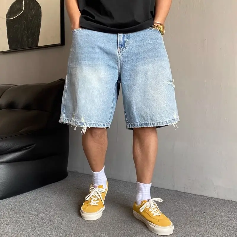 

Men Light Wash Denim Shorts Frayed Hem Baggy Fit Casual Summer Streetwear Jeans Shorts