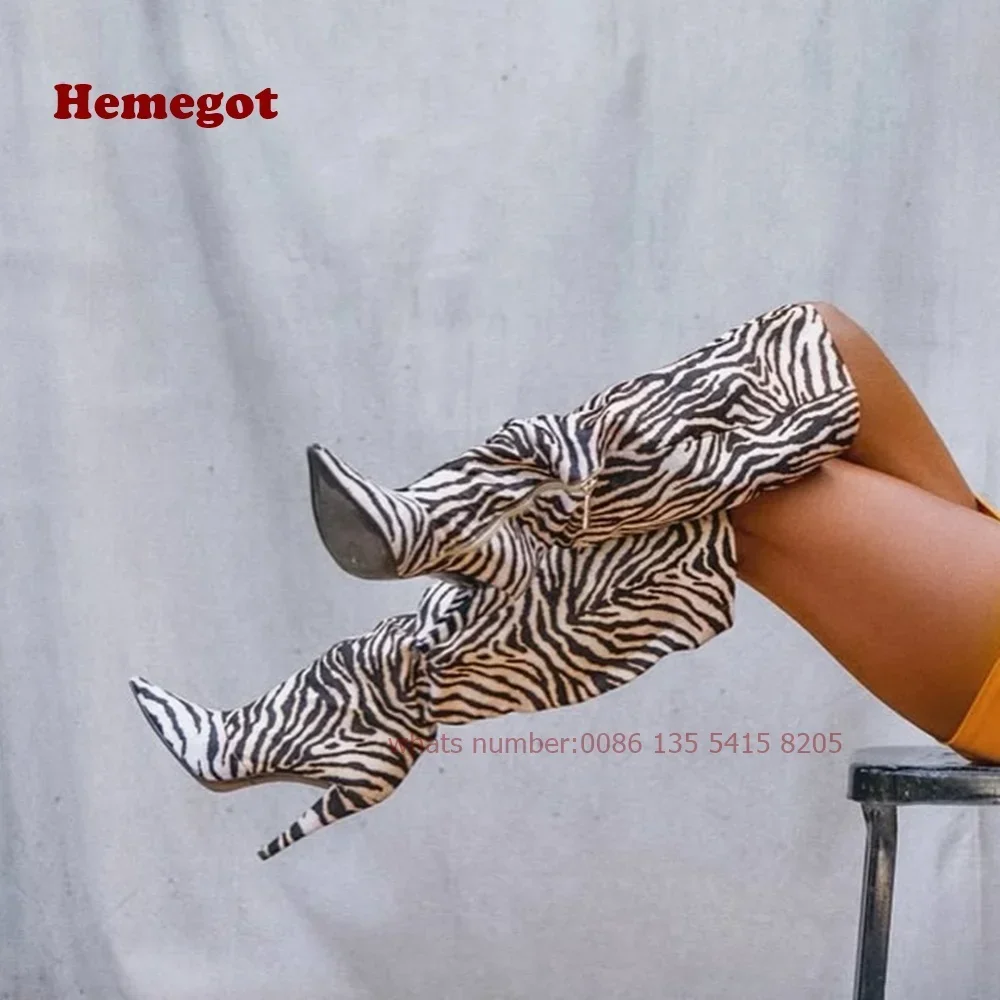 

Ботинки на тонком каблуке с принтом «зебра», заостренный носок, боковая молния, женские высокие сапоги до колена, зимние, люкс, для вечеринок, коллекция 2026, новинка, размер 46