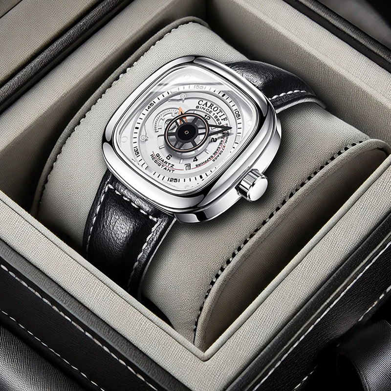 

A men's business-casual classic stylish urban white-collar silver case square dial black PU leather quartz watch