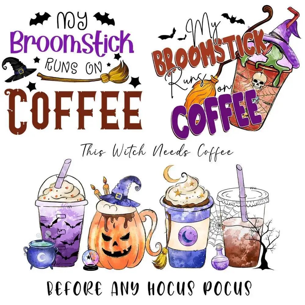 

New Halloween Coffee Cups Heat Transfer Patches Iron On Skeleton Decals DTF Vinly Stickers Ready To Press For Clothing