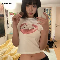 Karrram Korean Fashion Rabbit Print Crop Top Kpop Kawaii Short Sleeve T-shirt Fairycore Cute Bunny Tee Shirt Sweet Streetwear