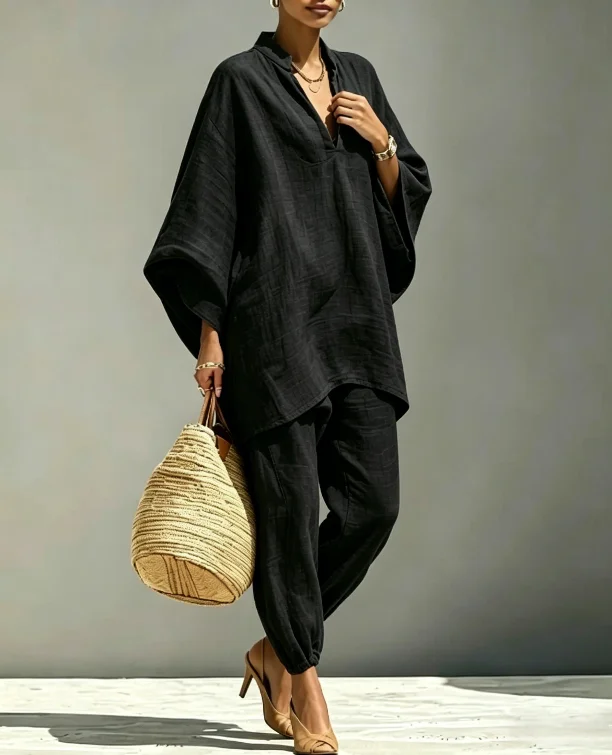 Women’s Summer Casual, Loose-Fitting, Solid-Colored, Deep V-Neck, Batwing Sleeves, Ankle-Cuffed, Nine-Inch Pants, Leisure Outfit