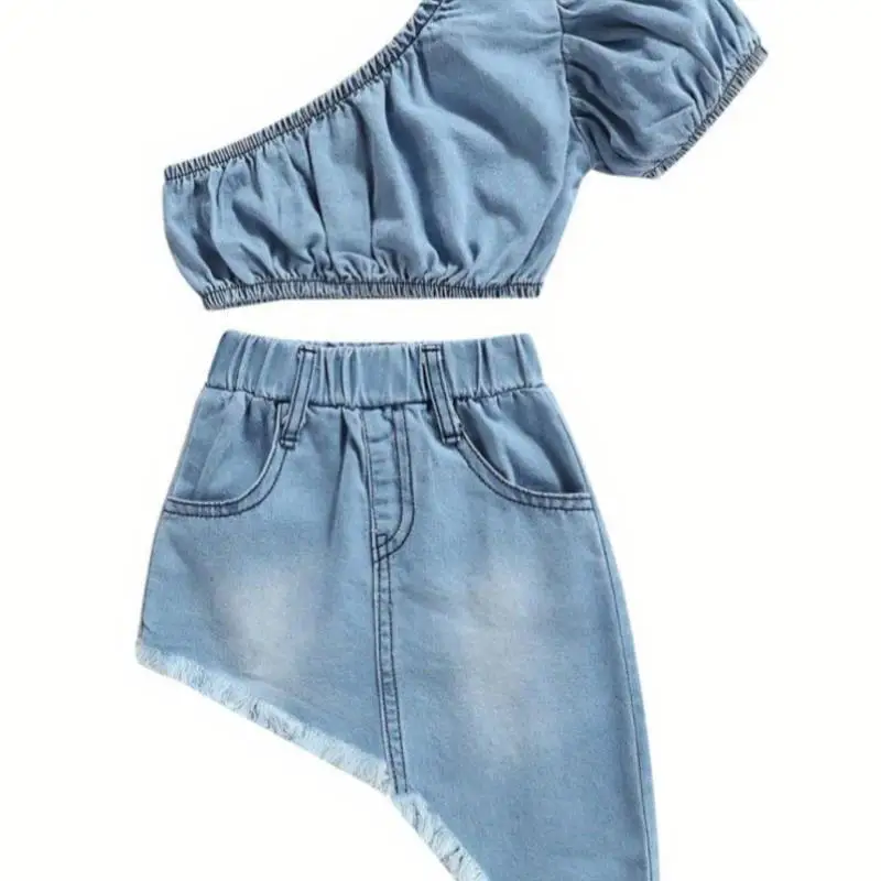 

Girls' Denim Outfit Set Pure Color ort Sve Jeans Sle Youthful Trend Autumn Season Special Wide Fit Collar