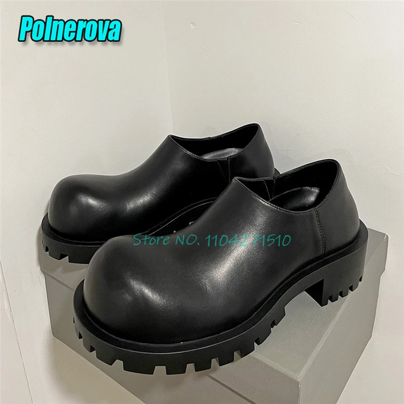 Big Round Toe Thick Soled Shoes for Men Women British Style Black Leather Slip-On Derby Shoes Fashion Versatile Couple Shoes