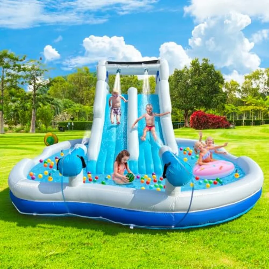 Backyard water park inflatable slide with PVC material, blue and yellow color, dual slides and large splash pool for family fun