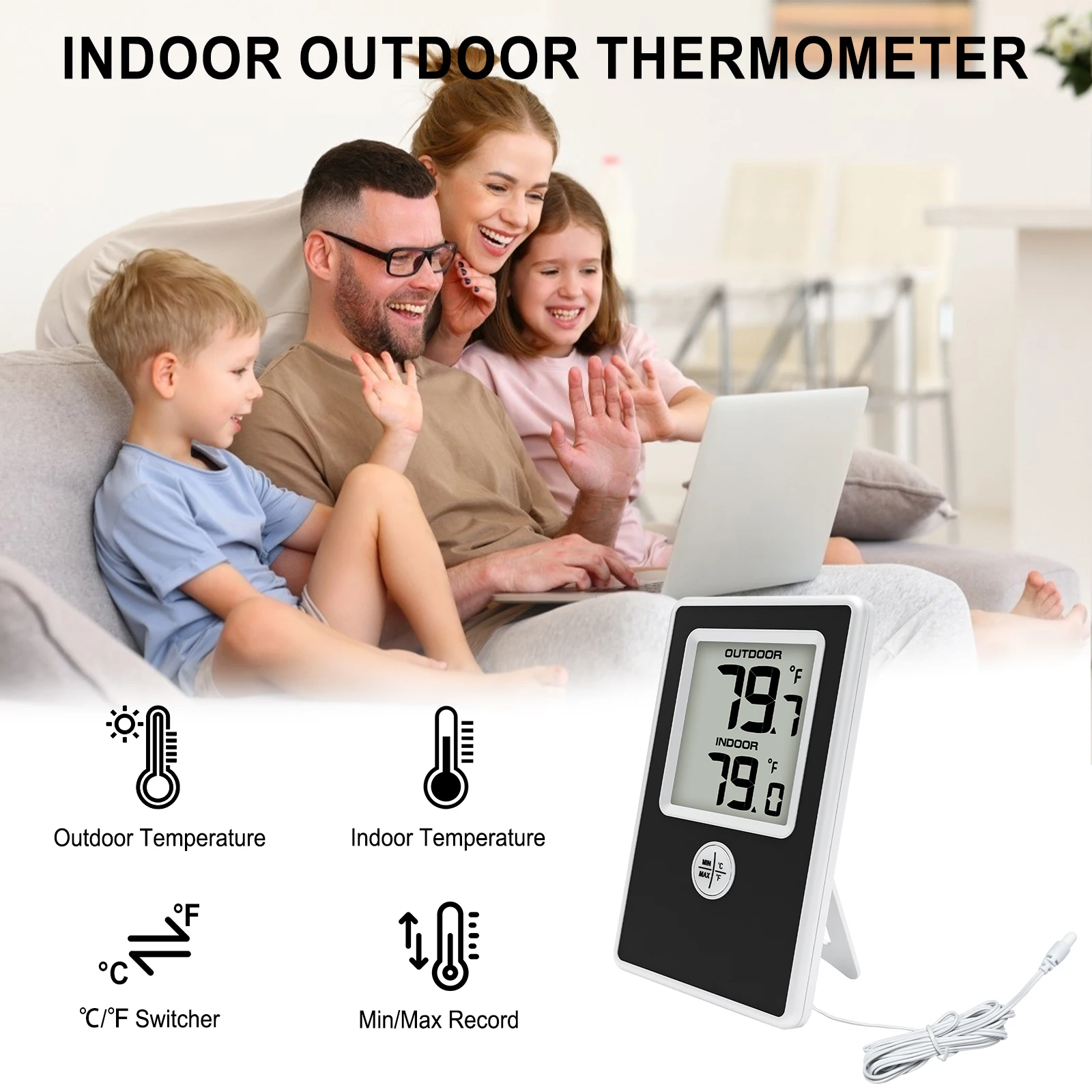 Indoor Outdoor Thermometer Wired Digital Room Temperature Monitor with Probe Sensor for Home, Office Greenhouse Aquarium