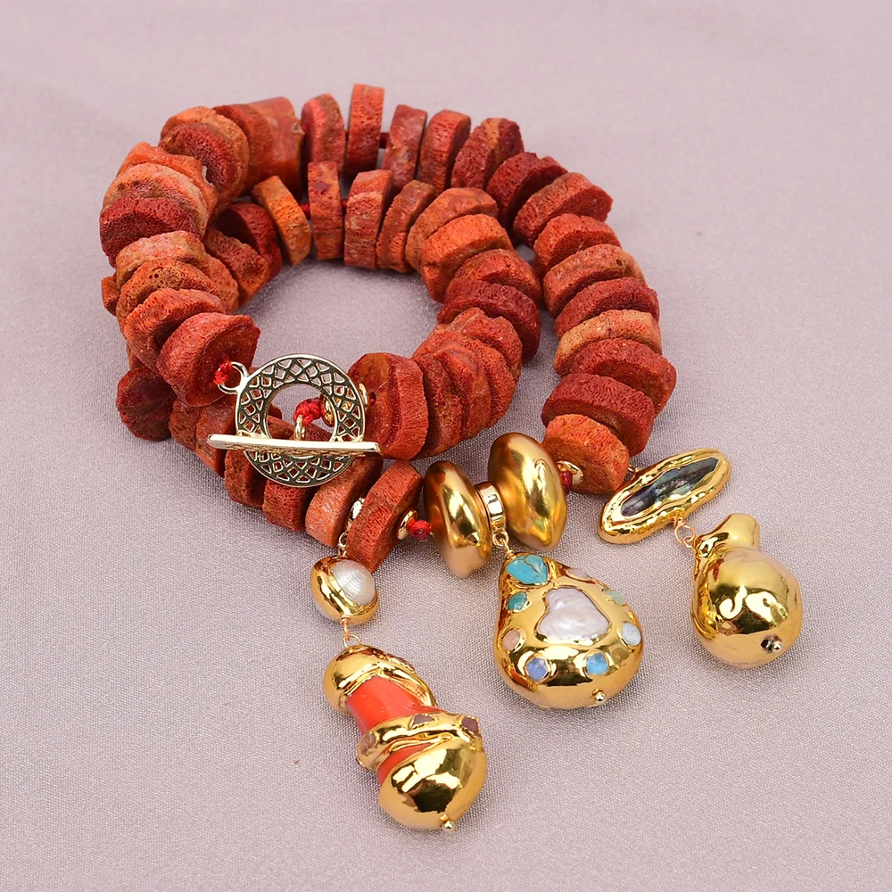 G-G 17'' Natural Red Orange Coral Bamboo Nugget Abacus Beads Choker Necklace Multi Pearl Gems Pendant