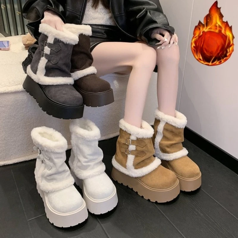 Winter Chunky Women Fur Lining Snow Boots Concise Thick Sole Height Increase Shoes Warm Cotton Short Booties Zapatos Mujer