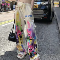 Printing Versatile Women's 2024 Summer New Spliced Drawstring Pocket Loose Slimming Straight Leg Wide Leg Strap Casual Pants