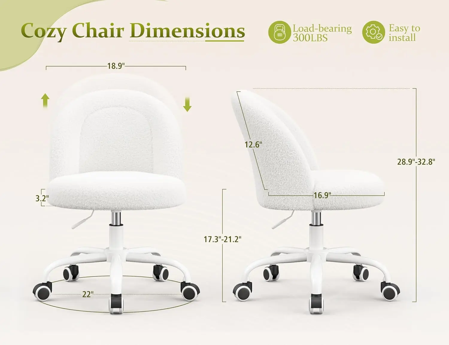 DurayLoly White Vanity Chair with Wheels, Cute Desk Chair with Back, Armless Chair with Height Adjustable & 360° Swivel, Soft Lumbar Support for Small Space, Bedroom view 2