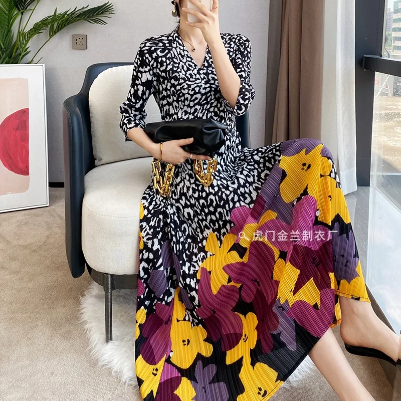 Miyake Pleated Retro Evening Dress Leopard Print Dress 2023 Spring and Autumn Large Size Fashionable Mid-Length Pleated Dress