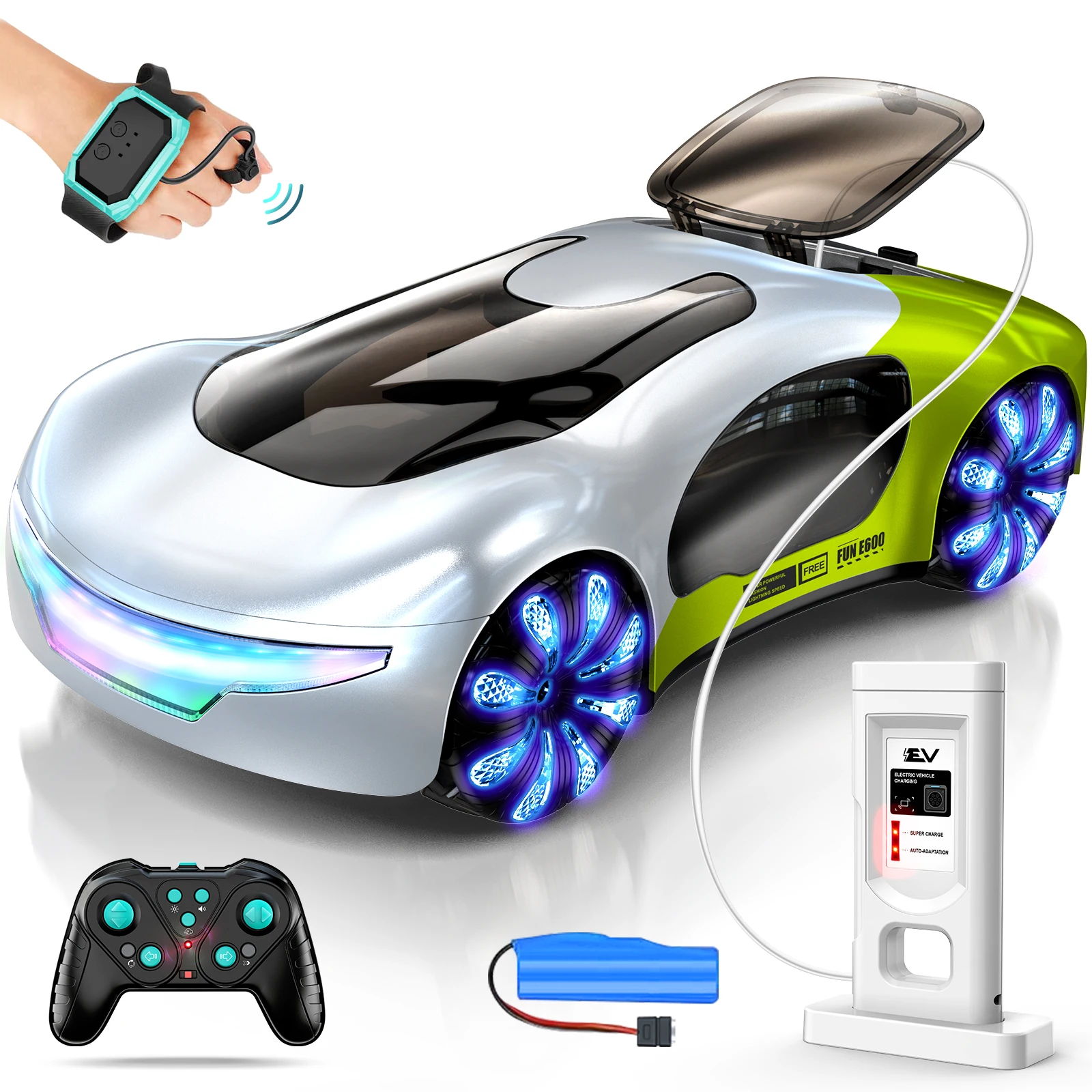 

Автомобиль с дистанционным управлением Dual RC EV New Energy Drift с двойным распылением, музыкой, ходовыми огнями, трюками и распознаванием жестов. Радиоуправляемая игрушка.