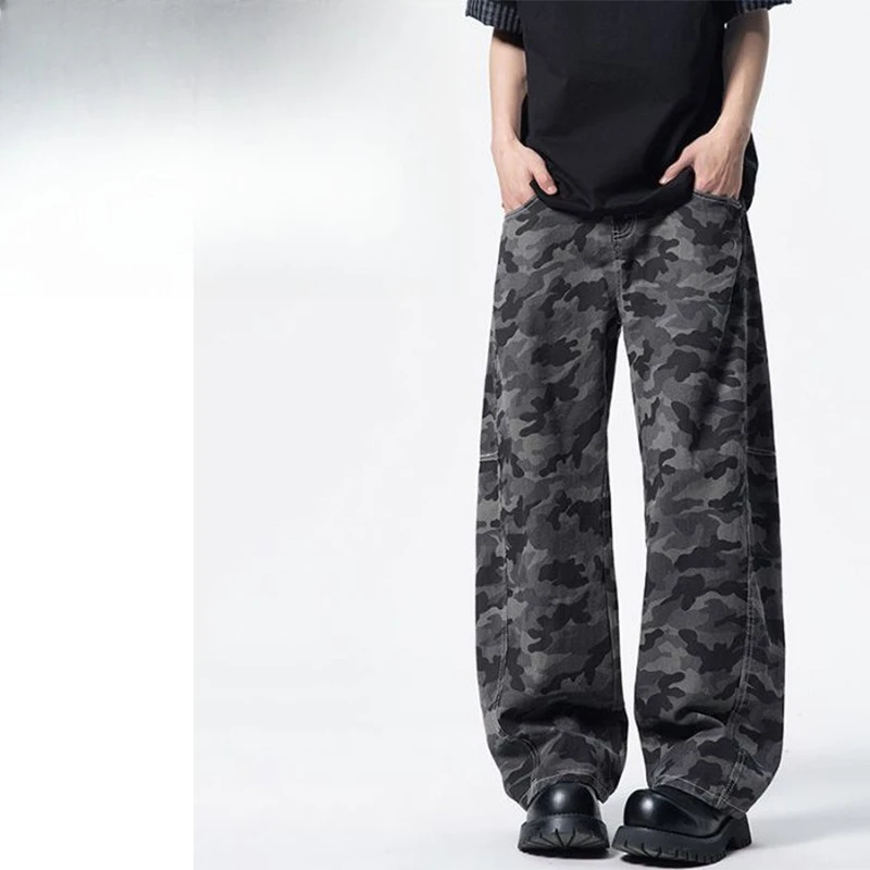 American High Street Splicing Camouflage Scimitar Casual Pants Men's Wide Legs Loose Neutral Versatile Drape