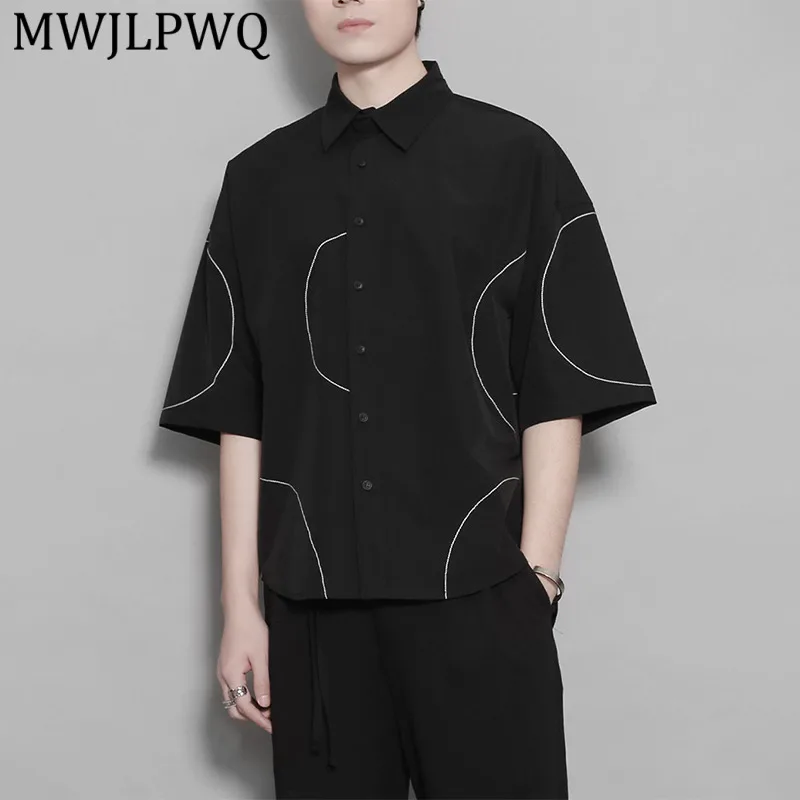 MWJLPWQ Men Oversized Short Sleeve Button Shirt Curved Contrast Stitch Minimalist Street Casual Top For Daily Simple Urban 16755