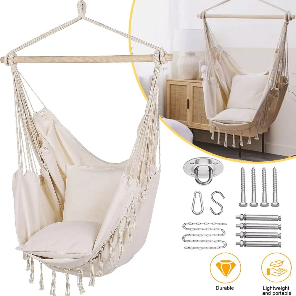 Fauteuil suspendu d'extérieur avec accessoires, siège de balançoire de jardin, chaise hamac portable de style bohème pour jardin, patio, terrasse et terrasse en bois
