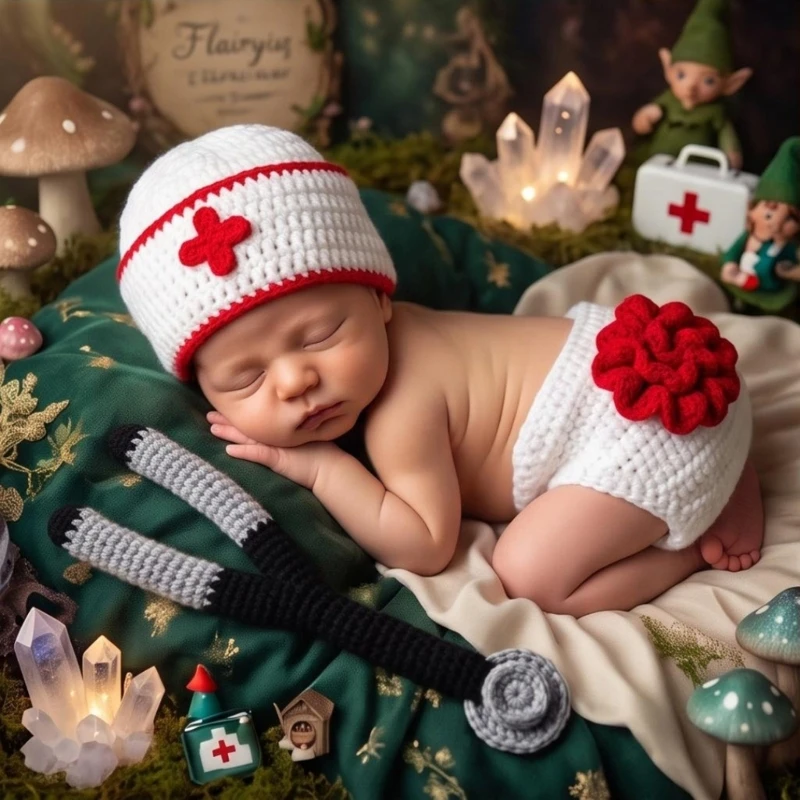 Newborn Photo Outfit with Nurse-Style Cap, Diaper Cover, and Stethoscope-Shaped Prop, Stretchy Yarn Set for Brief 15UB