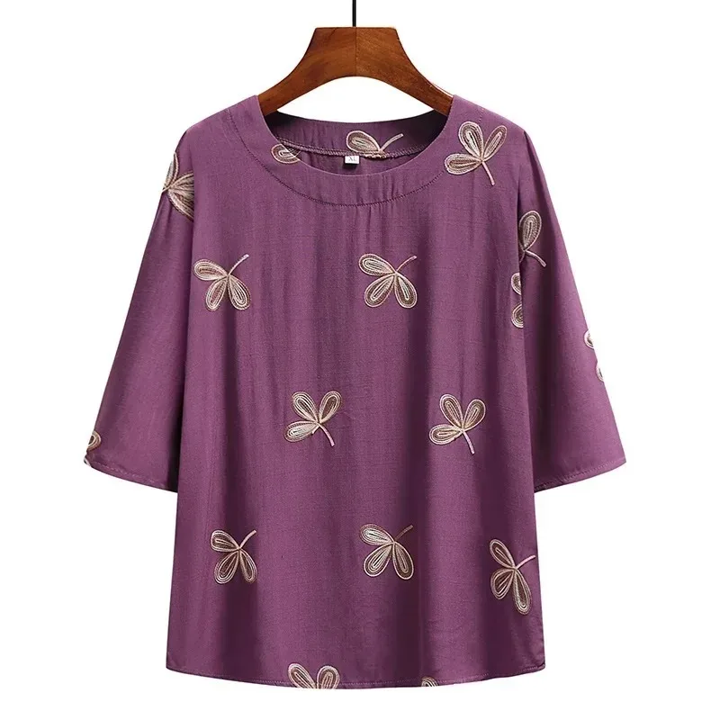 Leisurely Embroidered Top Large Size Loose Cotton and Linen Suit Women Middle-aged and Elderly Medium-sleeved T-shirt  Pajamas