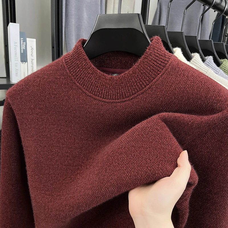 

High quality solid color men sweater autumn winter plush thicken warm round neck skin friendly soft comfort casual knit pullover